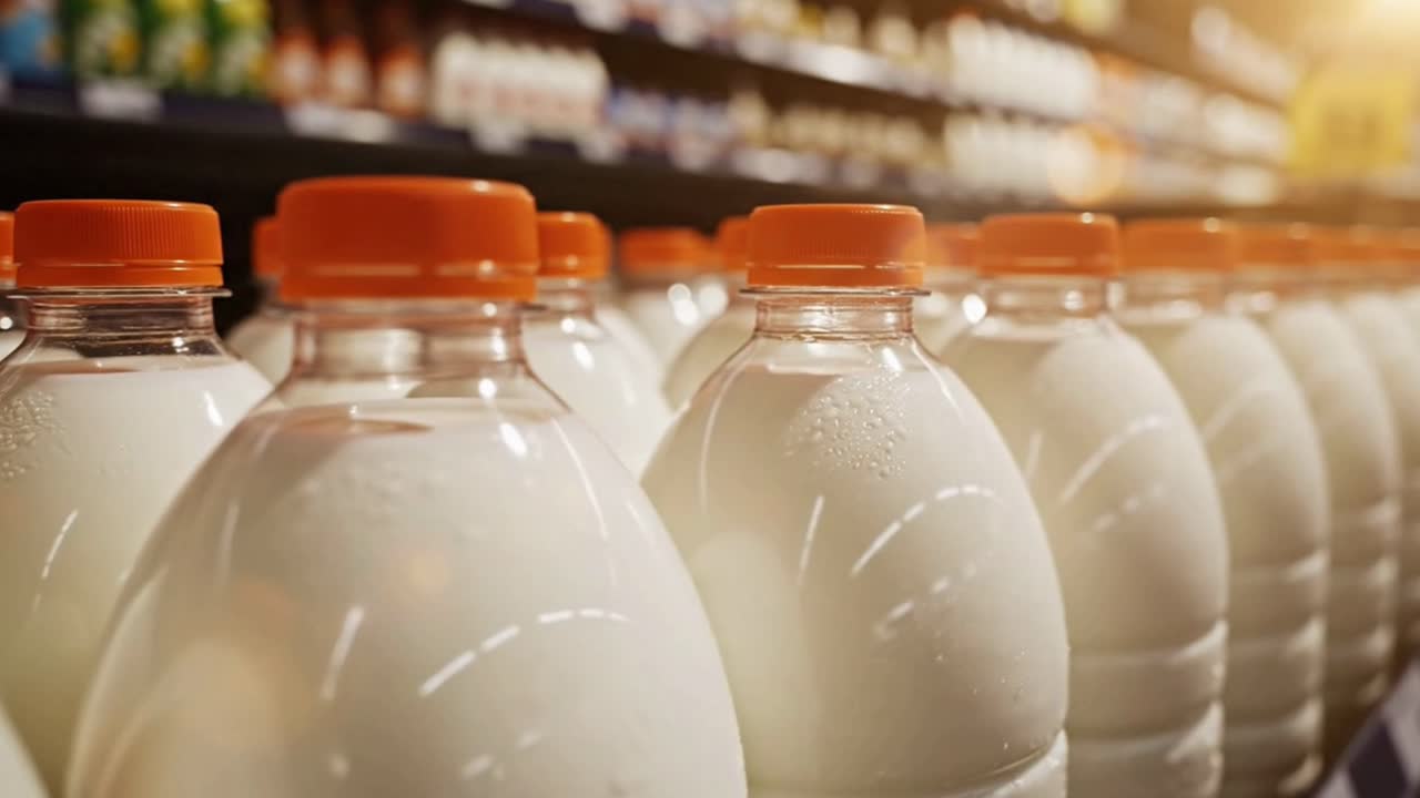 Milk plastic bottles with orange caps lining supermarket shelf