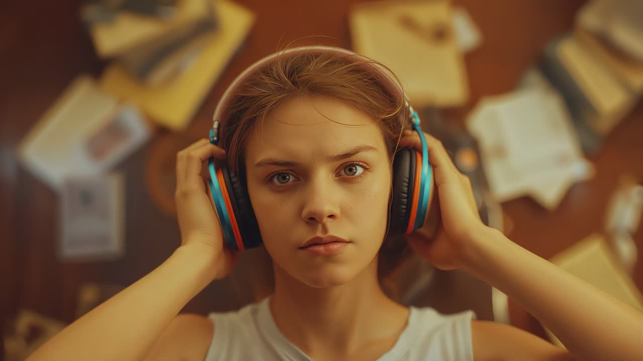 Placing teen fitting headphones at desk with pinboard, in white sleeveless top, preparing to listen