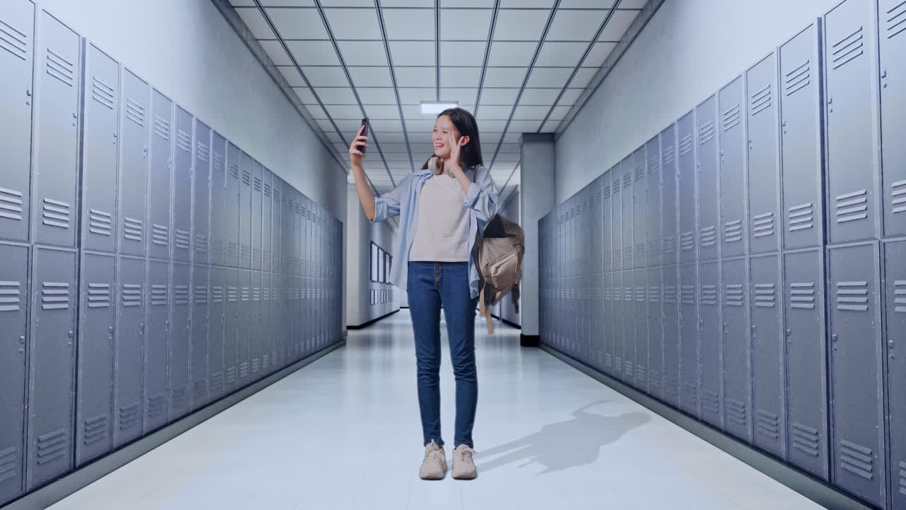 복도에 서 있는 동안 스마트폰으로 비디오 통화를 하는 배과 몇 권의 책을 가진 아시아 십대 소녀 학생의 몸이 가득 차 있습니다.