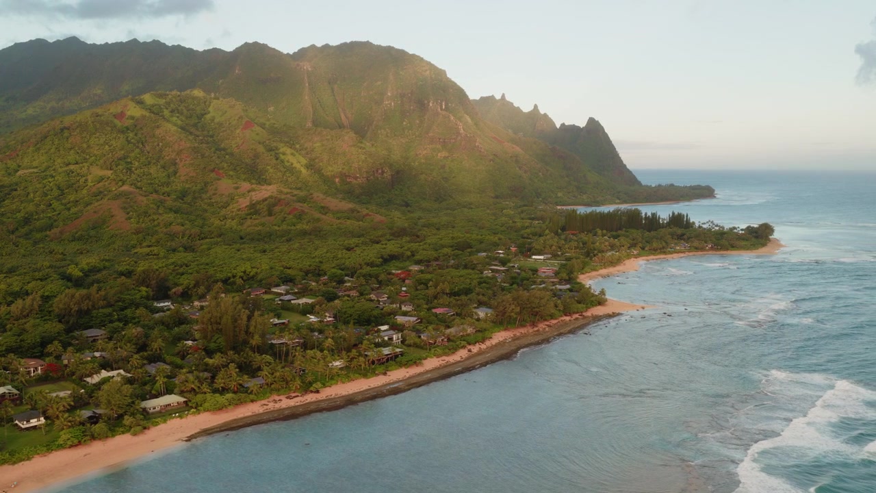 Aerial Drone View of Tunnels Beach, Kauai, Hawaii - Rightward Coastal Flyby (4K UHD)