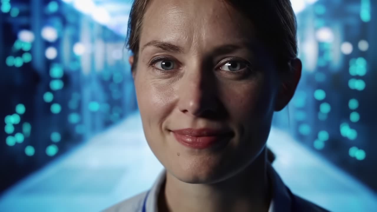 A Thoughtful Moment in a Data Center: A Close-Up of a Professional with a Contemplative Expression Amidst a Background of Illuminated Server Racks and Digital Interaction