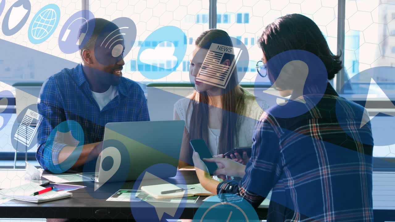 사무실에서 다양한 사업가들에 대한 디지털 아이콘의 애니메이션