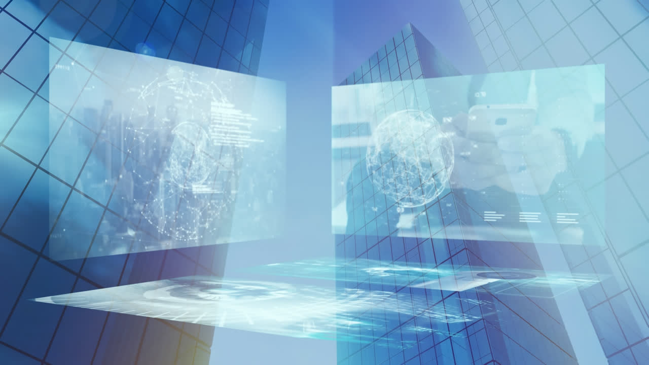 컴퓨터 화면의 애니메이션으로 카메라가 배경에서 도시 풍경 위에 움직입니다.