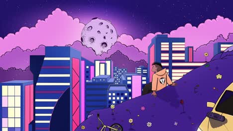 animación en 2d, un niño sentado en la cima de la colina por la noche, mira la luna y las luces de la ciudad