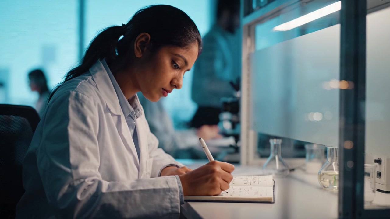 Focused Research Scientist Analyzing Data and Documenting Findings in a Laboratory Environment, Showcasing Scientific Dedication and Precision in Work