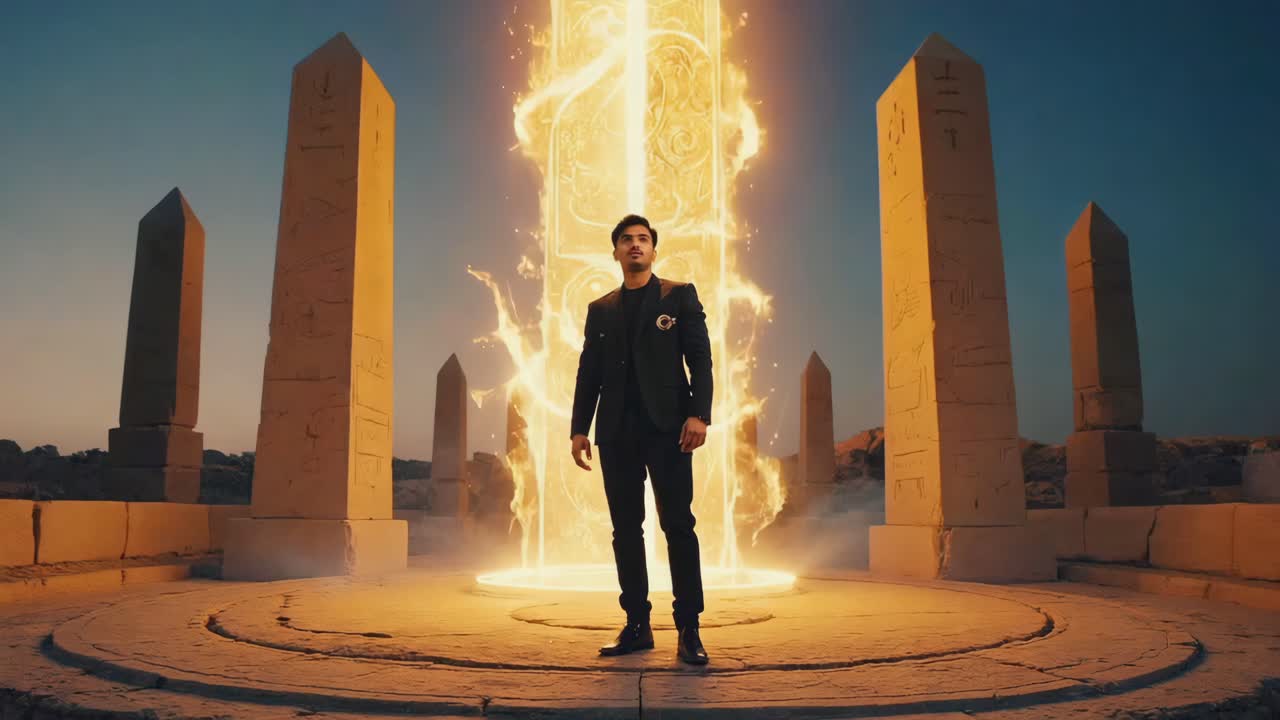 Man standing in front of magical portal with obelisks