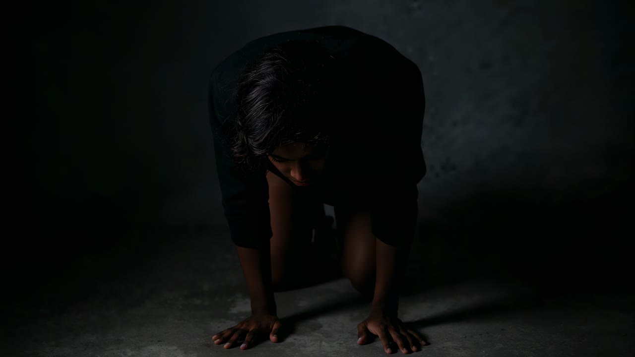 Crouching adult man shifting weight on concrete floor, pressing palms, wearing dark long-sleeve top