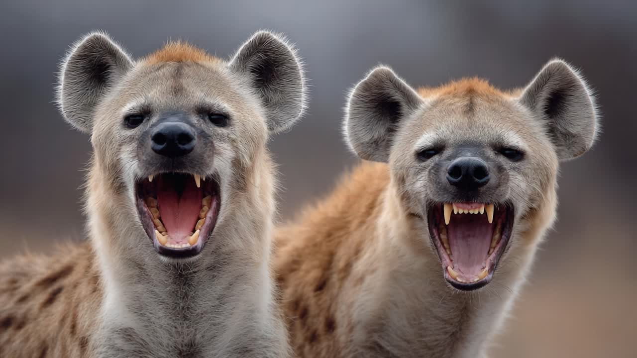 A Close-Up of Two Hyenas Displaying Their Teeth and Expressing Emotion, Capturing the Unique Characteristics of These Fascinating Creatures in Their Natural Habitat