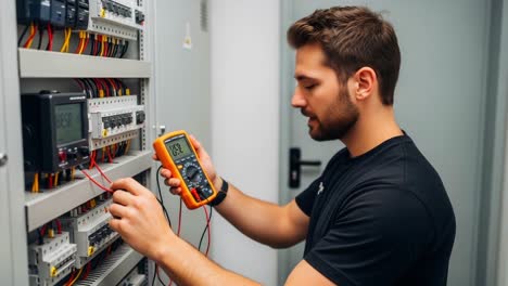 a technician utilizes a multimeter to troubleshoot electrical panels, ensuring systems are functioning correctly and safely in a professional setting