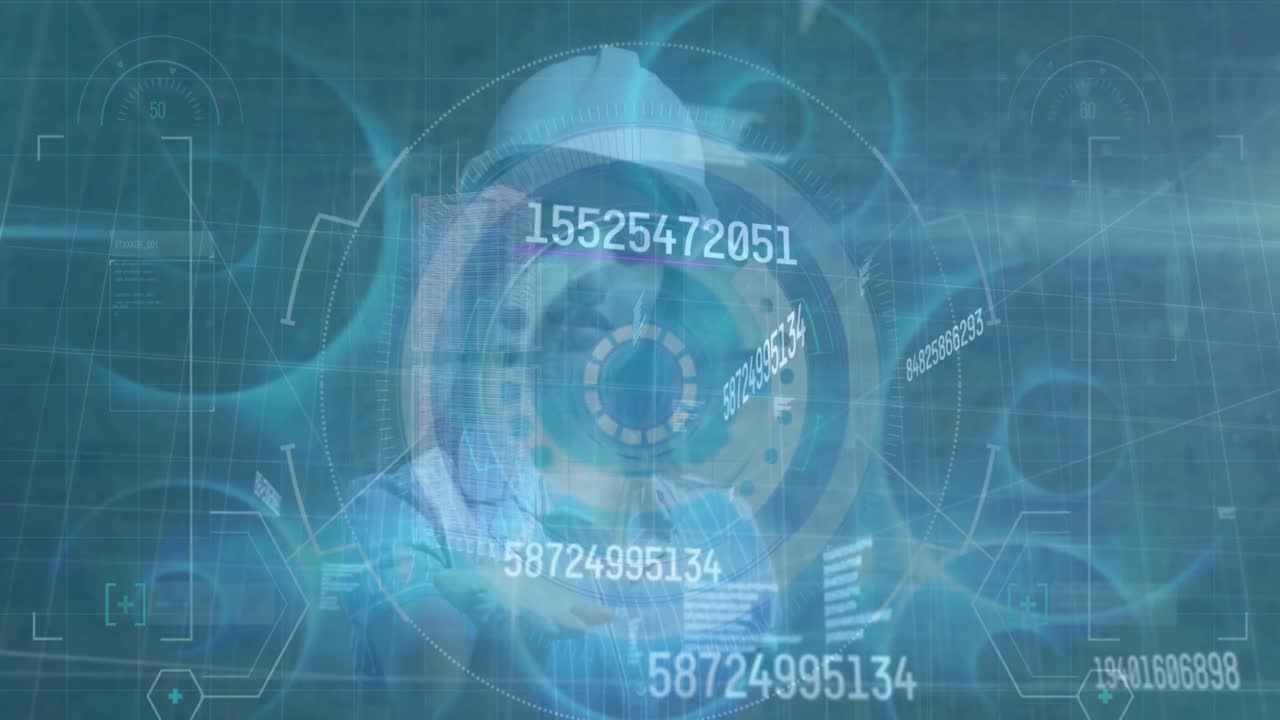 파란색 배경에 있는 두 인종의 여성 노동자에 대한 데이터 처리의 애니메이션