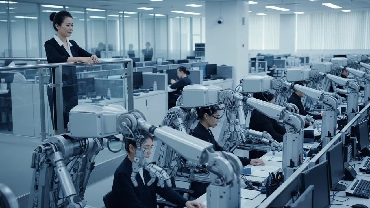 A Futuristic Office Scene Showcasing Human-Robot Collaboration: A Woman Observes Automated Assistants in a High-Tech Work Environment