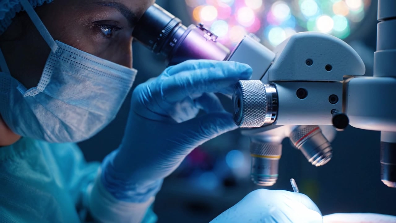 Medical professional focused on intricate procedure under microscope illuminated by soft lights, showcasing precision in healthcare and scientific advancement in a clinical environment.