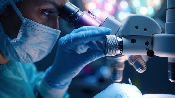 Medical professional focused on intricate procedure under microscope illuminated by soft lights, showcasing precision in healthcare and scientific advancement in a clinical environment.