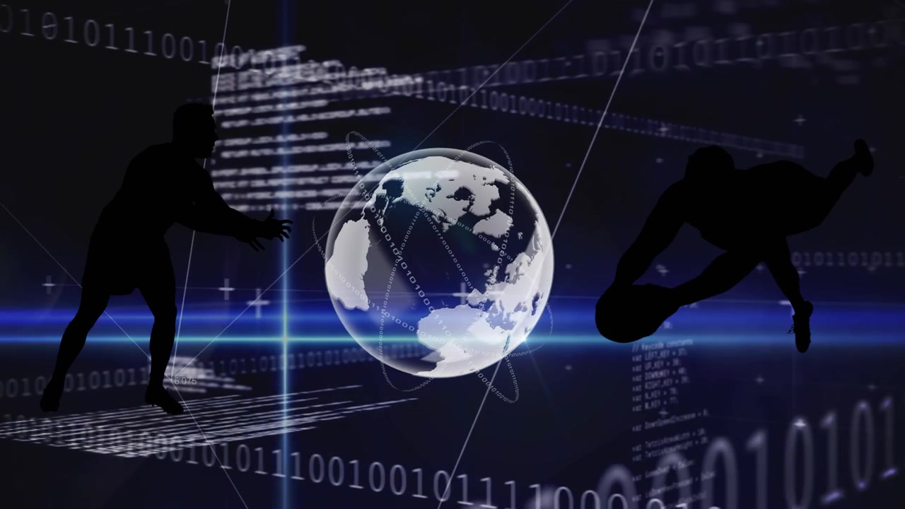 Animation of data processing with globe and rugby players over blue background