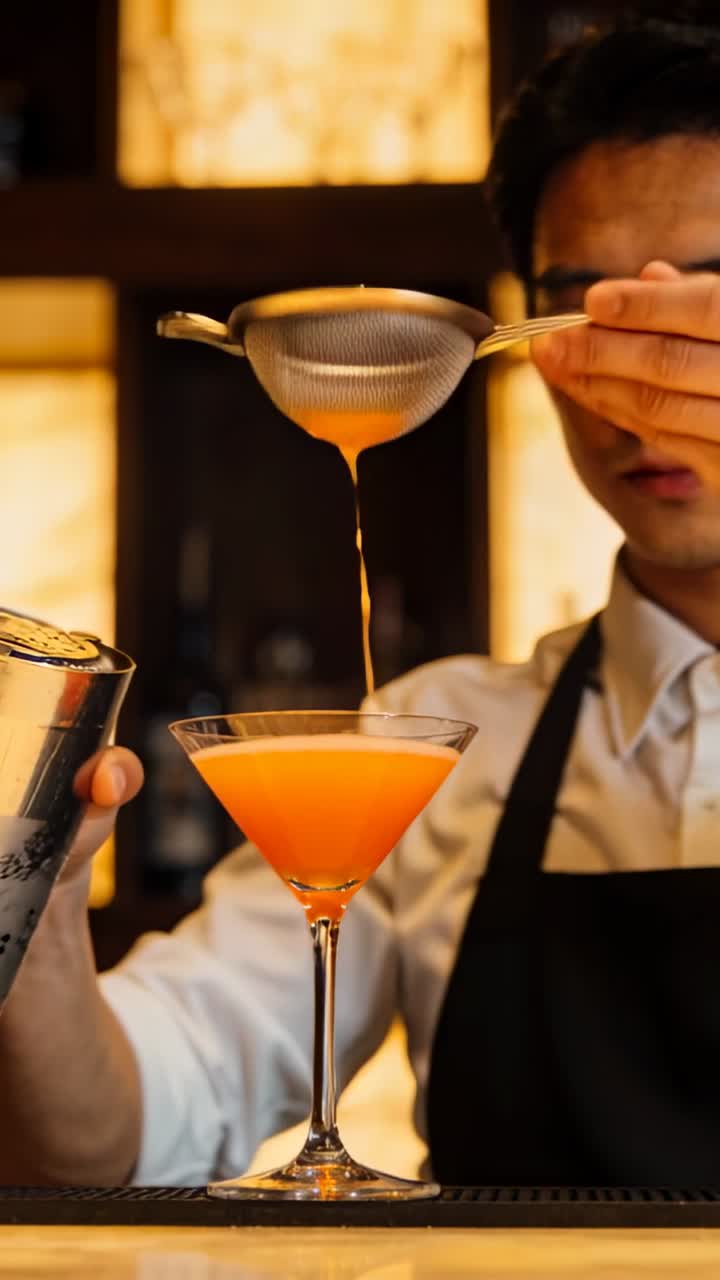 Video verticale: Shaker inclinato che guida un barista con grembiule mentre versa un mix arancione al bar, filtrando la schiuma