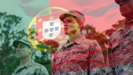 Animation-Der-Flagge-Portugals-über-Verschiedenen-Männlichen-Soldaten