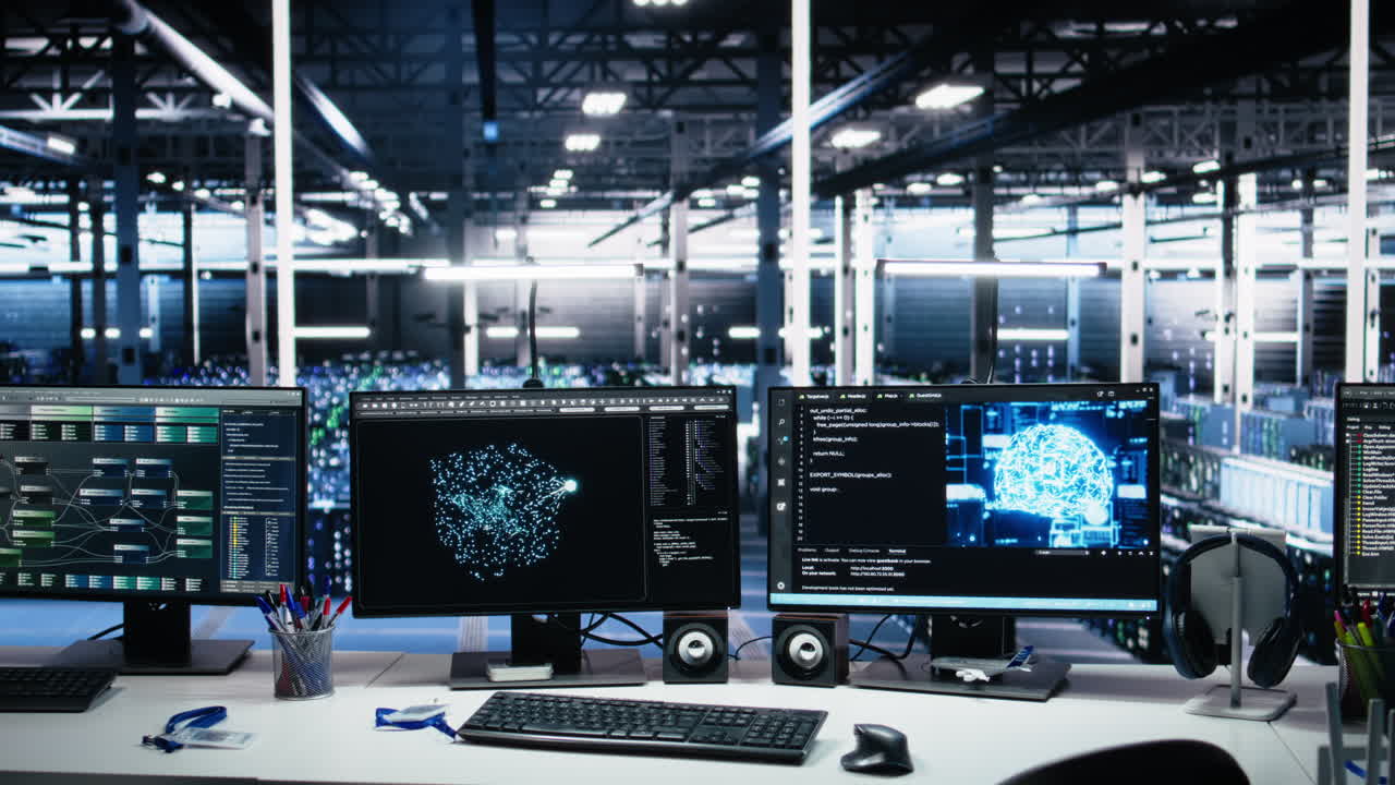 Server Room Pc Screens Tracking Mainframes Processing Machine Learning Datasets