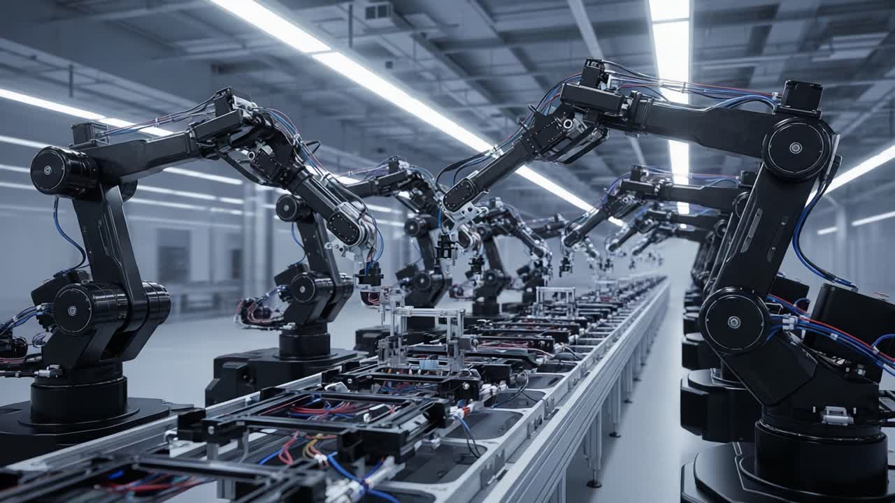 Automated Production Line Featuring Robotic Arms Working Seamlessly on a High-Tech Assembly System in a Modern Manufacturing Facility