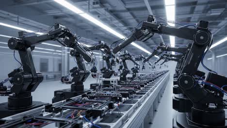 automated production line featuring robotic arms working seamlessly on a high-tech assembly system in a modern manufacturing facility