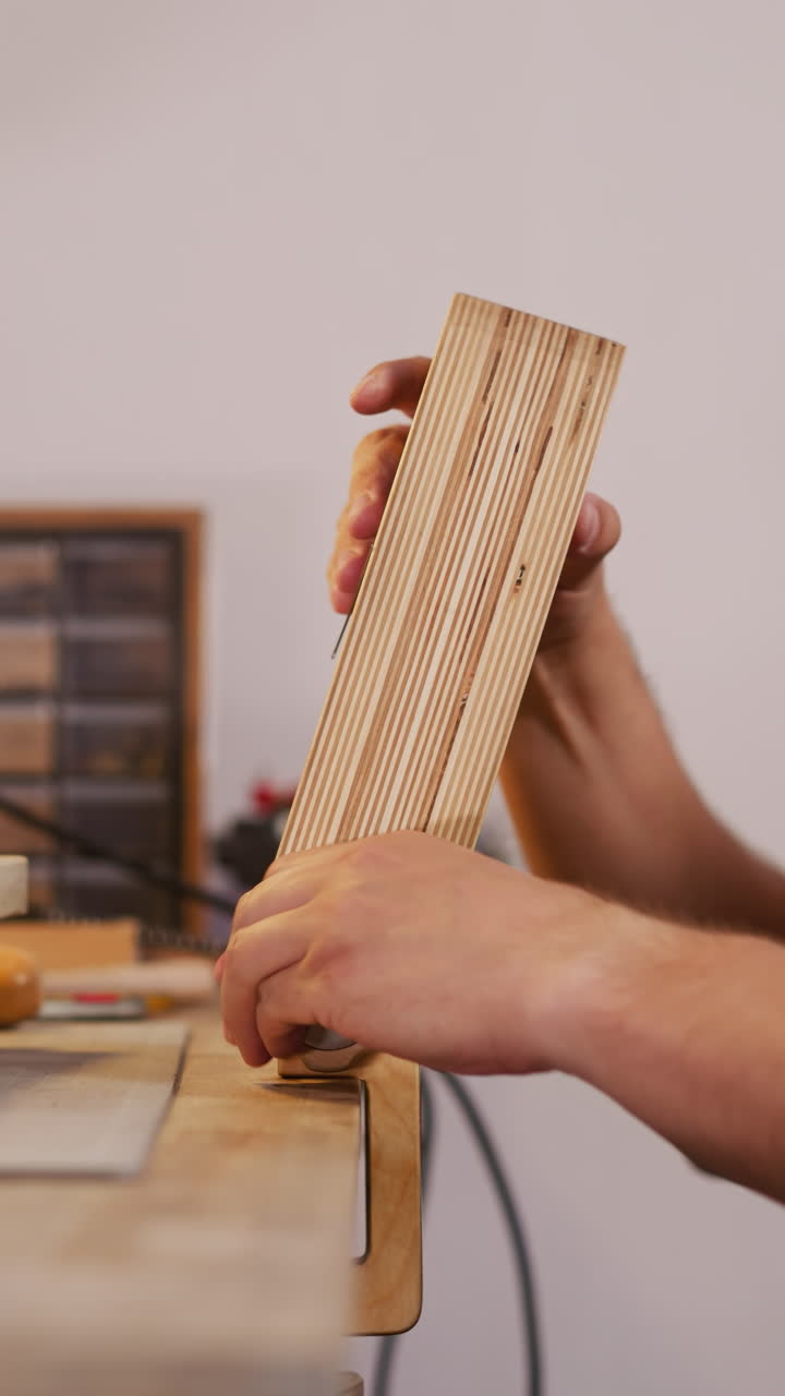 Leathersmith installs tool on workbench surface to process leather in workshop closeup. Master crafts original accessories from natural leather material