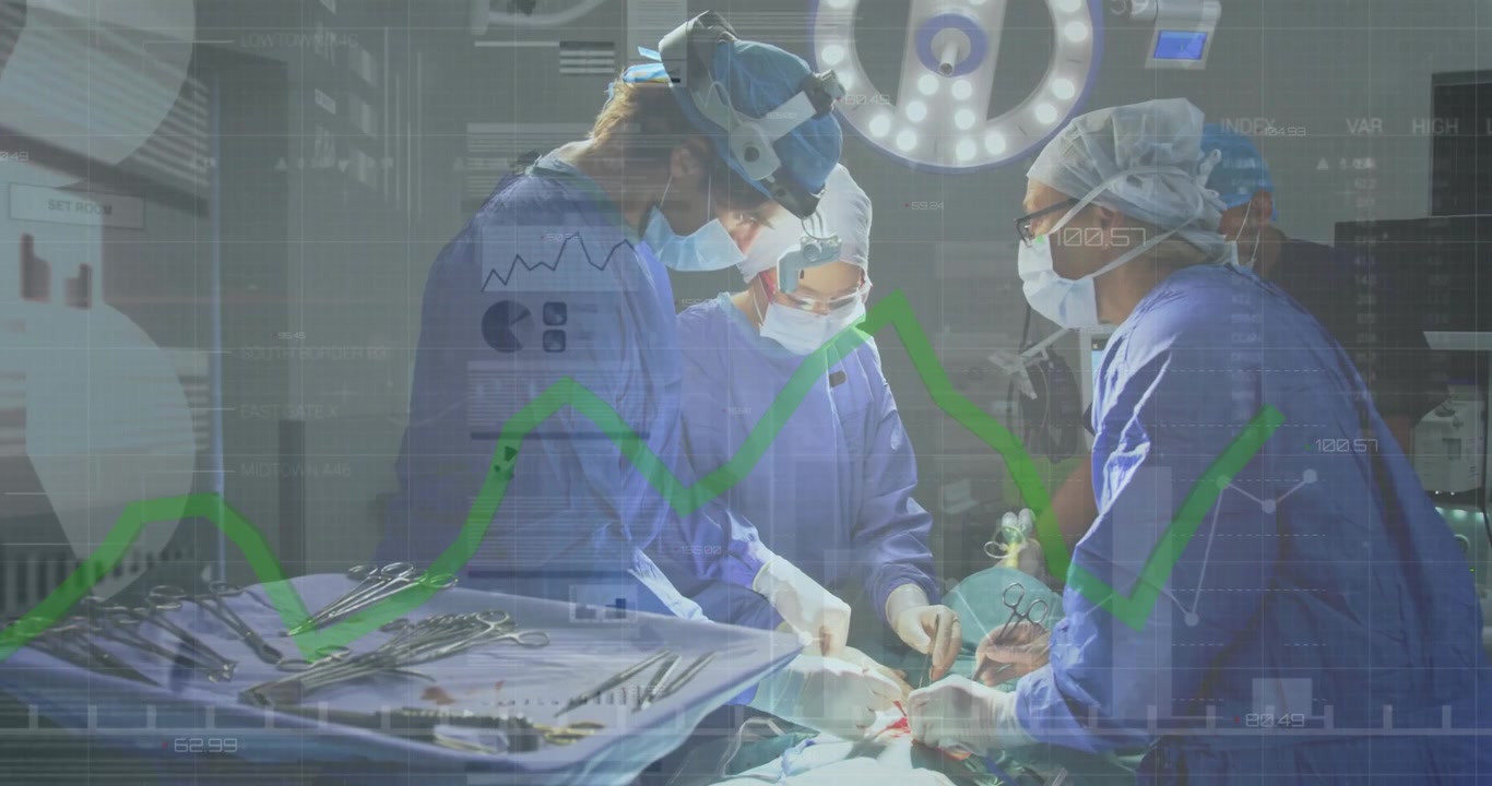 Medicinsk team udfører operation med digital data-overlay.
