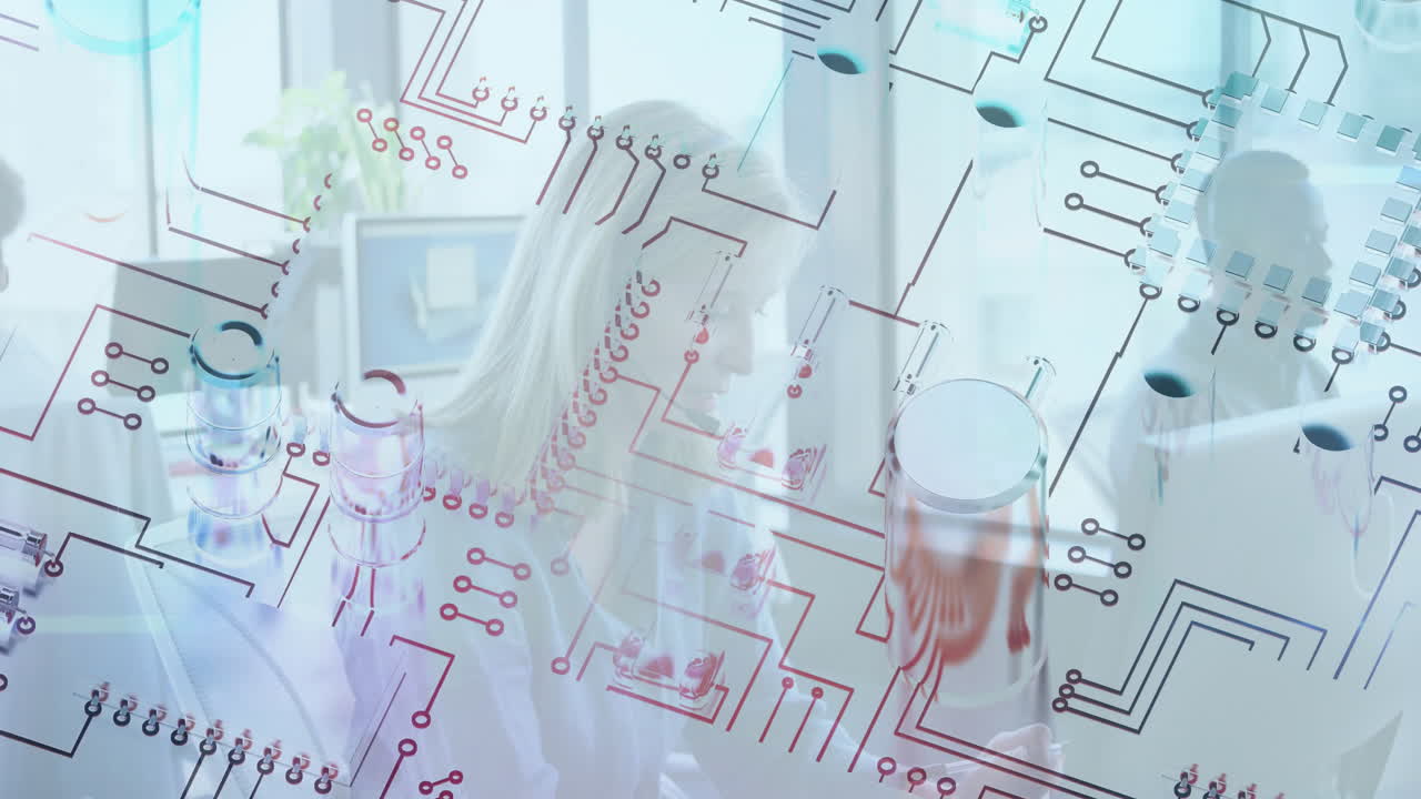 Animation of circuit board overlaying scientists working in school laboratory