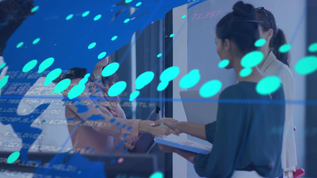 Woman in pink reaching while woman in teal approaching shaking hands greeting office overlay moving