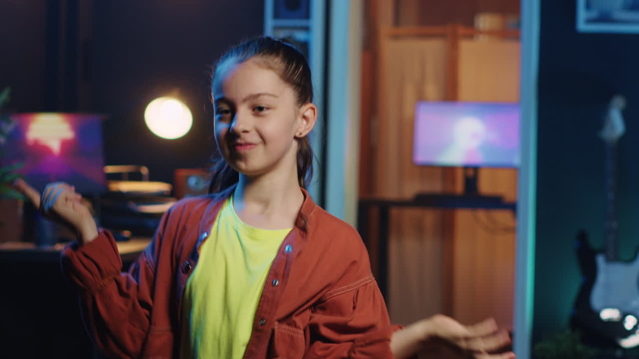 niña pequeña haciendo movimientos de baile cautivadores para la plataforma de redes sociales en un desafío viral