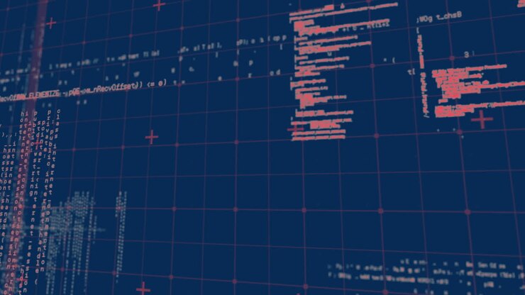 Animation of data processing over grid on blue background