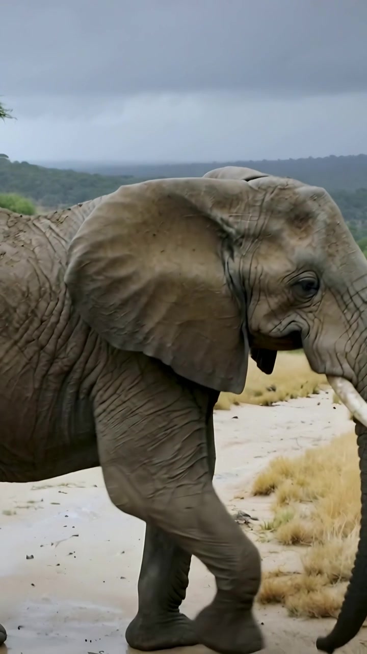 Vertikal video: Gående afrikansk elefant over sandsti på savanne, fugle bagpå fornemmer regn.