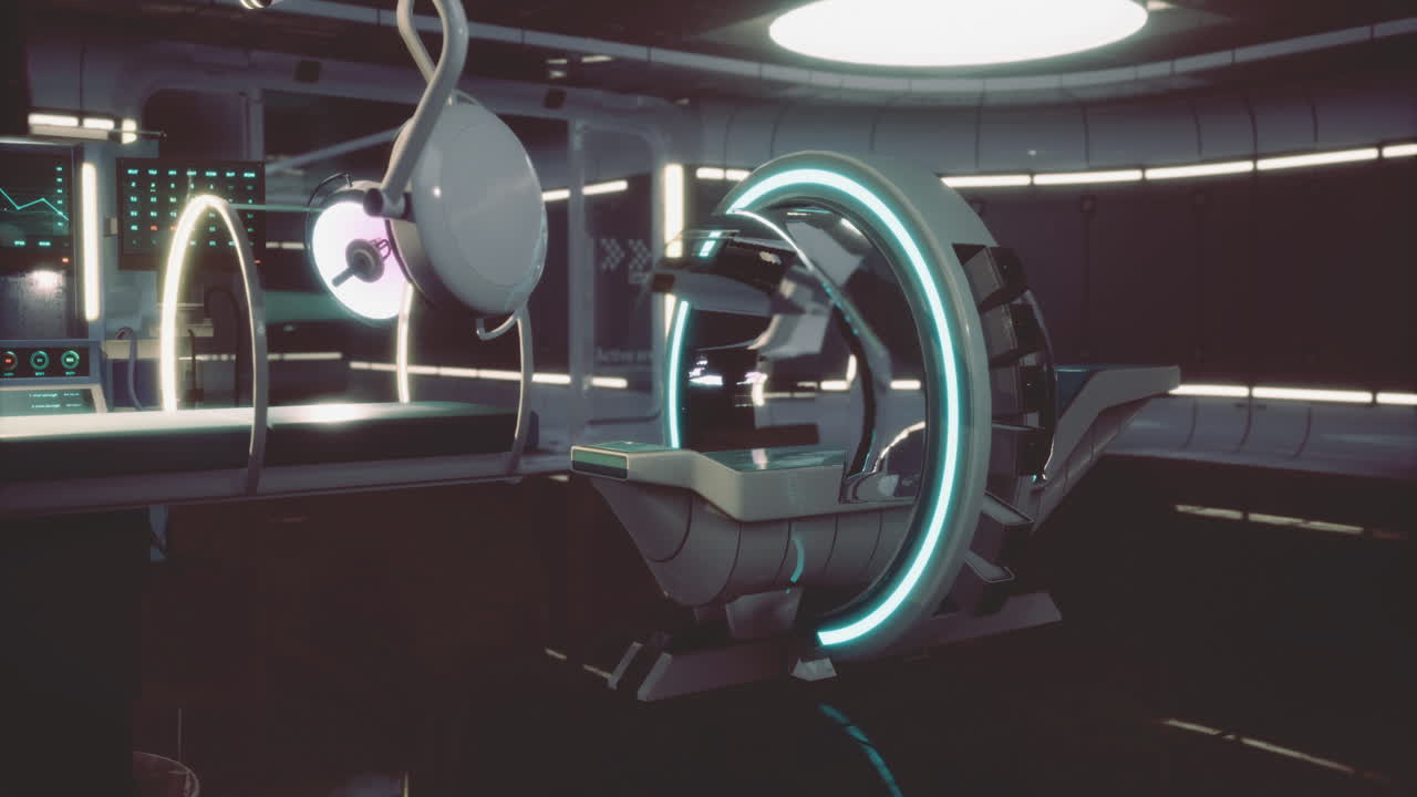Futuristic mri machine in a high tech medical facility bathed in neon glow