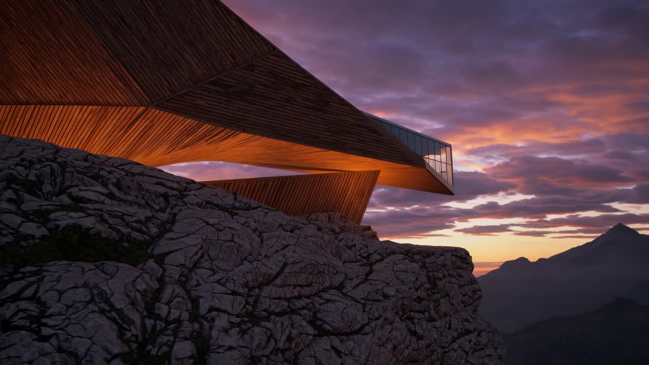 Modern Wooden Architectural Structure on a Mountain Cliff at Sunset