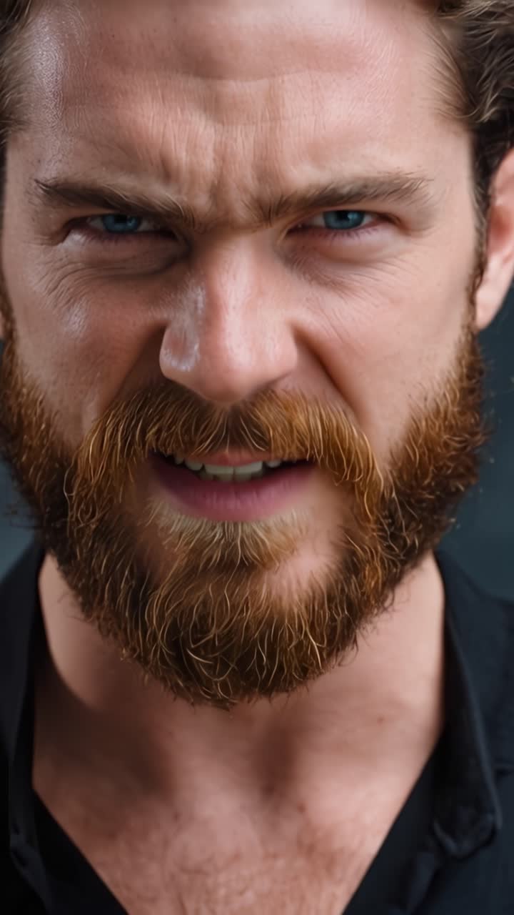 Intense Close-Up Expressions: A Dramatic Sequence Showcasing a Man's Fierce Gaze and Bold Facial Hair in Two Unique Frames of Emotion and Character Depth