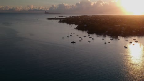 Aerial-shot-above-sport-boats-anchored-near-the-coast