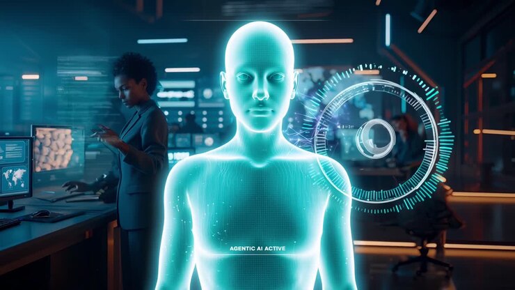 Futuristic video concept with a glowing AI figure, side angle, tech interface in a control room
