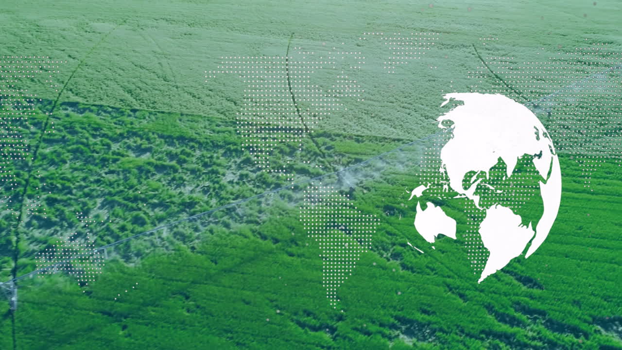 Global agriculture being visualized in aerial farm scene with pivot irrigation and globe overlay