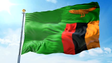 Zambia flag seamless looping 3D rendering video. Beautiful textile cloth fabric loop waving