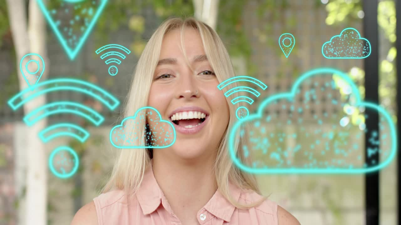 Woman reacting to teal tech Wi-Fi and cloud icons appearing and flickering, smiling then laughing