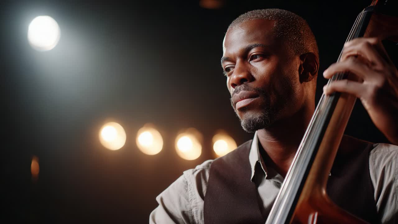 A Talented Musician Plays the Double Bass in a Captivating Performance Under Stage Lights, Showcasing Passion and Skill in a Masterful Display of Musical Artistry
