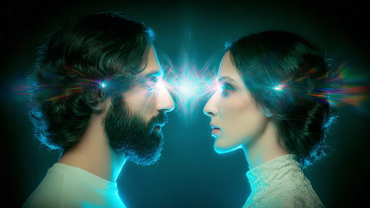 Intense Gaze: A Captivating Encounter Between Two Souls Illuminated by Cosmic Energy and Shared Connection, Exploring the Depths of Their Mysterious Bond in a Surreal Atmosphere