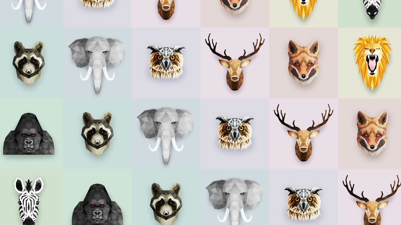 colección de diferentes animales. símbolo del zoológico. iconos de polígono bajo. león, gorila, cebra, mapaches, zorro, elefante, ciervo, búho. conjunto de animación de bucle geométrico.