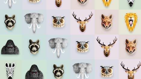 colección de diferentes animales. símbolo del zoológico. iconos de polígono bajo. león, gorila, cebra, mapaches, zorro, elefante, ciervo, búho. conjunto de animación de bucle geométrico.