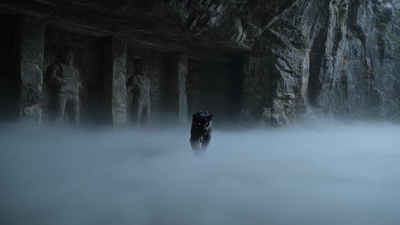 Un grande gatto nero che emerge e si muove verso la telecamera dall'ingresso di una grotta, passando tra statue scolpite e nebbia.