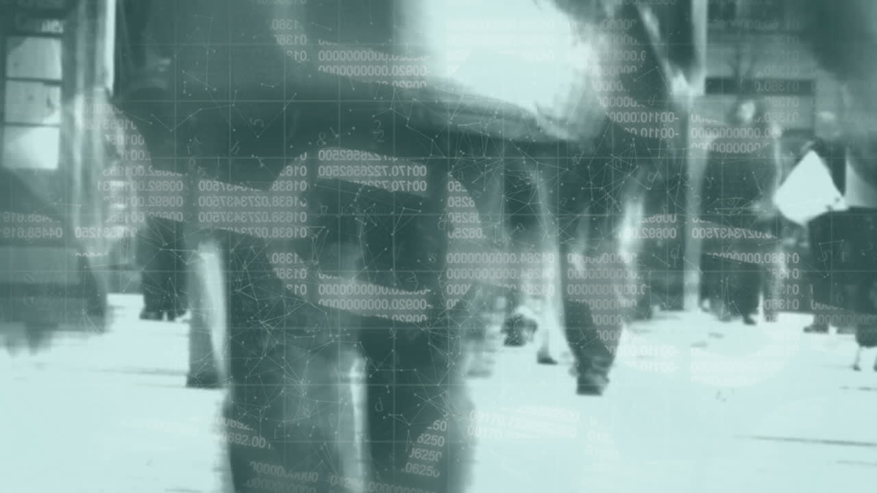 Walking in city, people with digital data and network connections animation
