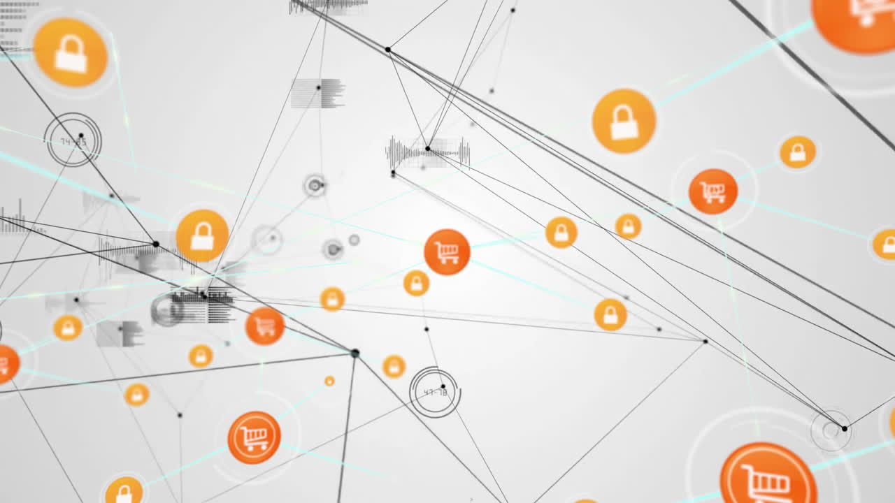 animación de la red de conexiones e iconos de seguridad sobre un fondo abstracto