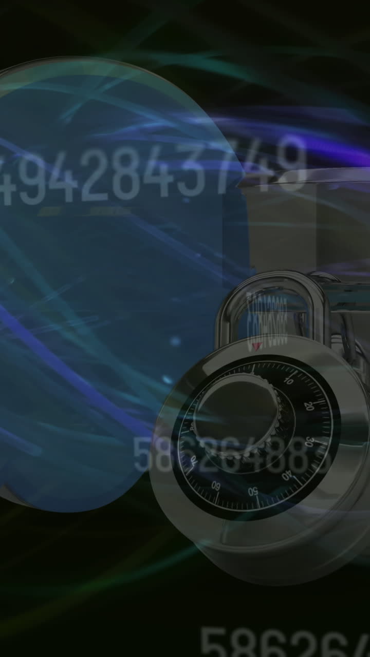 rastros de luz azul y múltiples números cambiantes contra el servidor, la nube y el globo sobre fondo negro