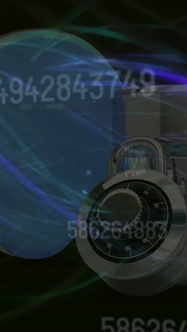 blue light trails and multiple changing numbers against server, cloud and globe on black background