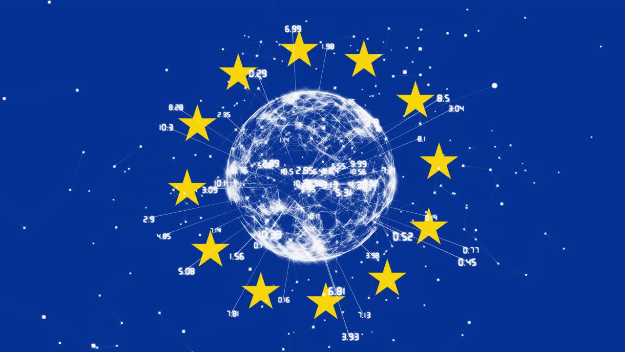 노란색 별들이 연결망 위에서 회전하여 파란색 배경에서 지구를 형성합니다.