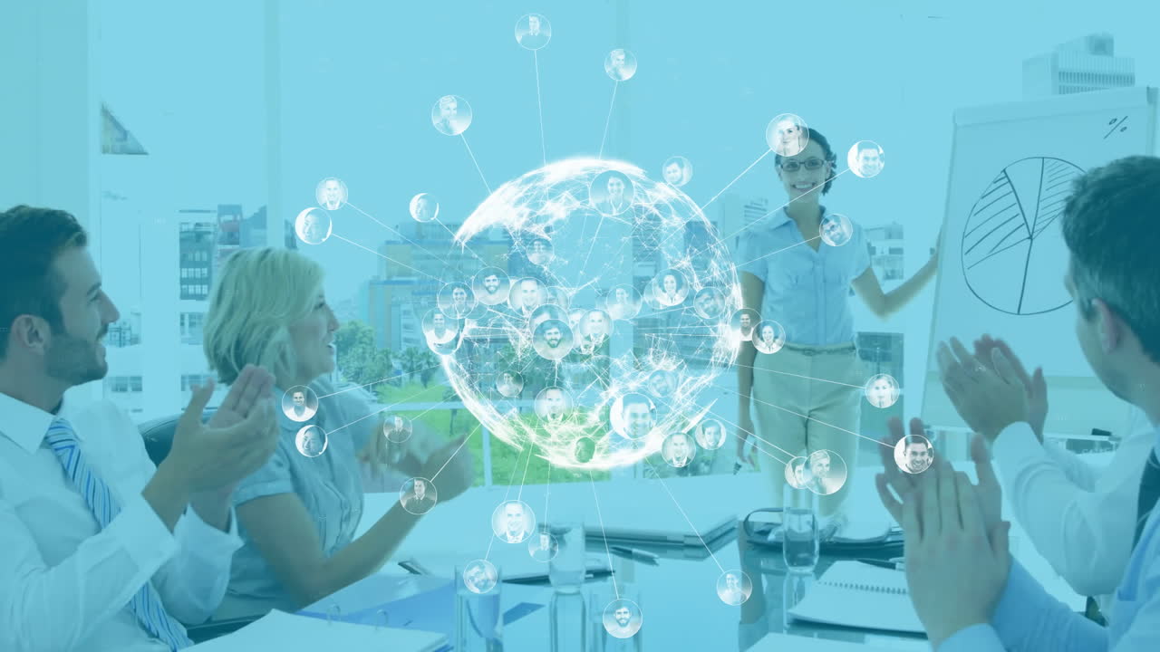 글로벌 네트워크 연결 애니메이션 비즈니스 회의에서 박수를 치는 사람들과