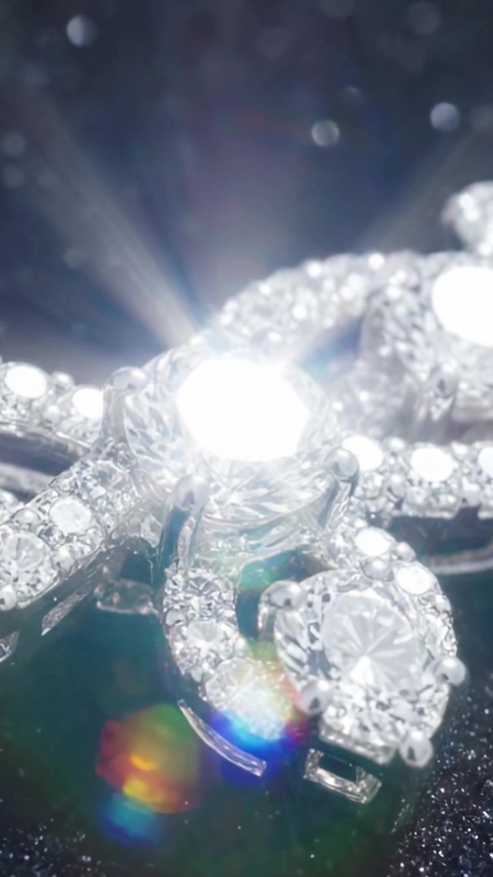 Primo Piano di un Gioiello Scintillante con Diamanti dal Taglio Brillante Incastonati in una Montatura Delicatamente Disegnata in Argento o Oro Bianco, con uno Sfondo Luccicante.
